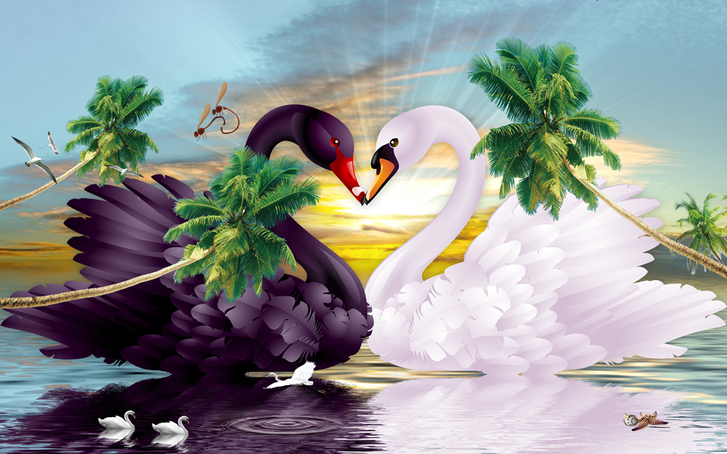 清新天鹅湖唯美天鹅湖电视沙发背景墙壁画