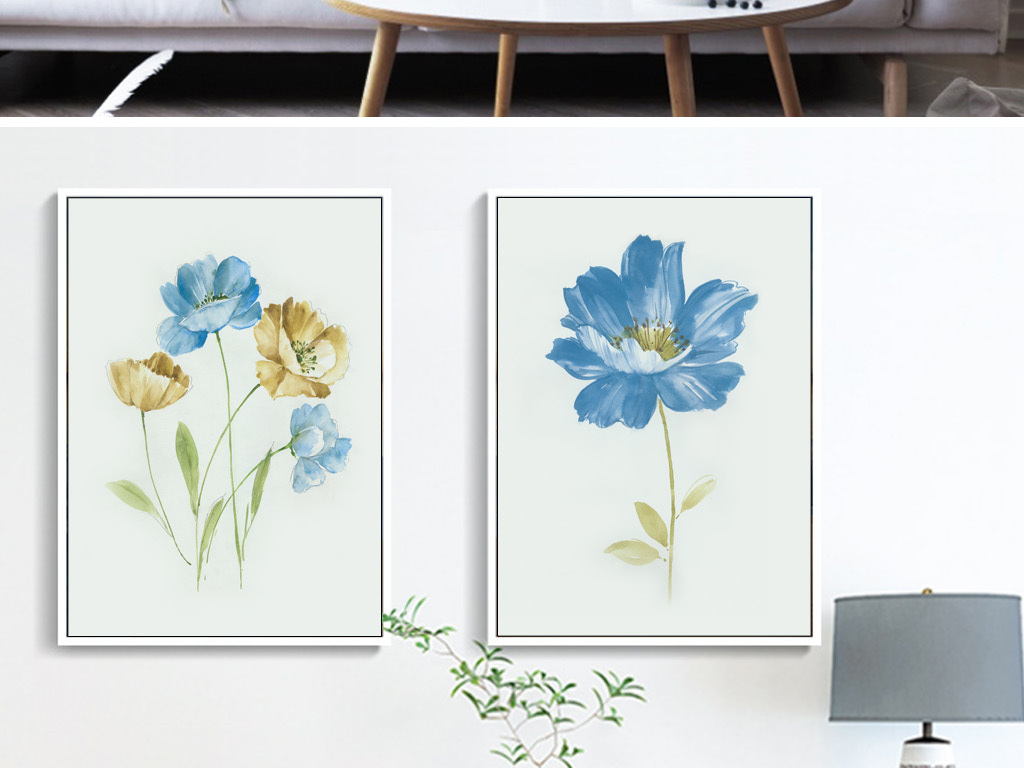 手绘植物北欧清新花卉花朵极简装饰画三联