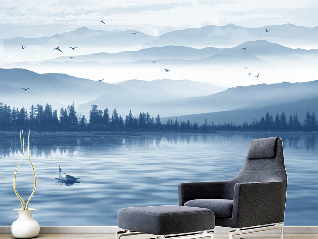 新中式意境水墨山水山水情背景墙装饰画(图片编号:17457497)_中式电视