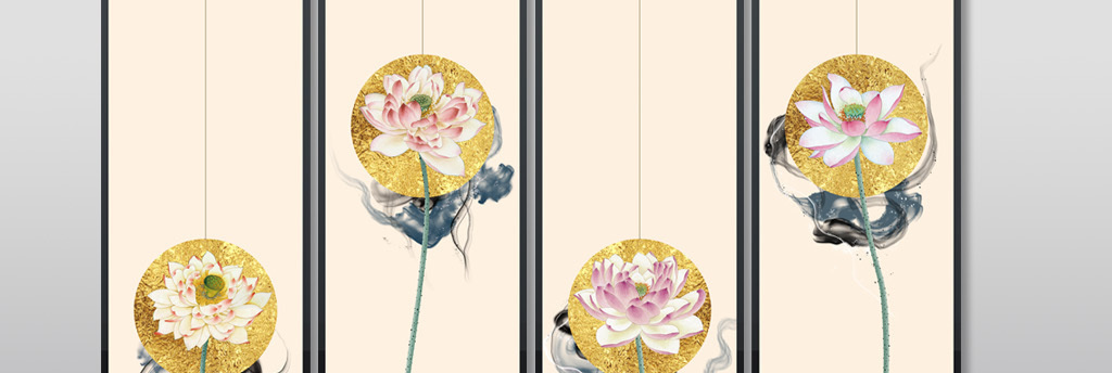 新中式抽象墨韵工笔荷花四联装饰画无框画