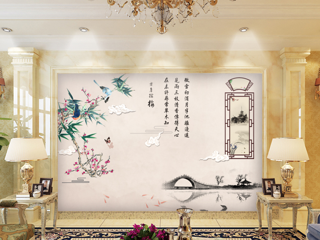 手绘竹鸟梅花花鸟中式水墨画电视背景墙