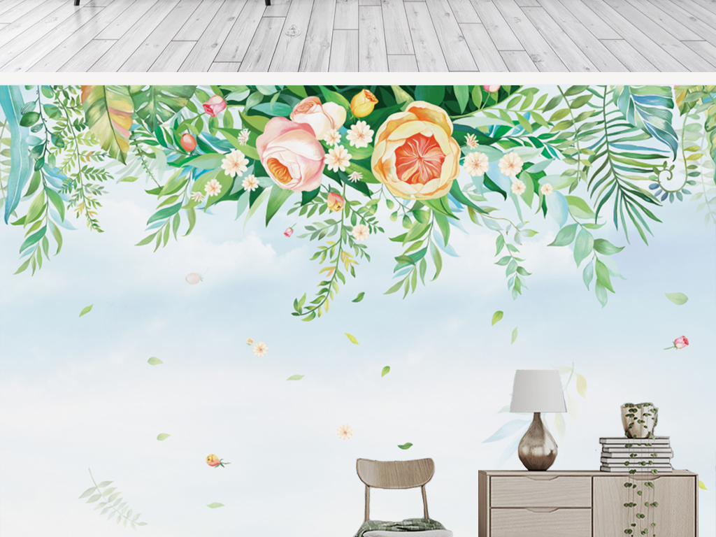 唯美手绘田园花卉背景墙壁画