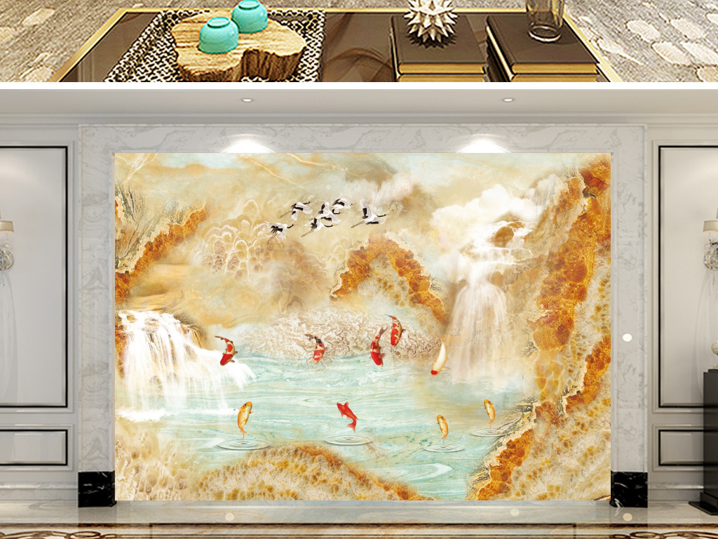 流水生财大理石鲤鱼聚宝盆背景墙