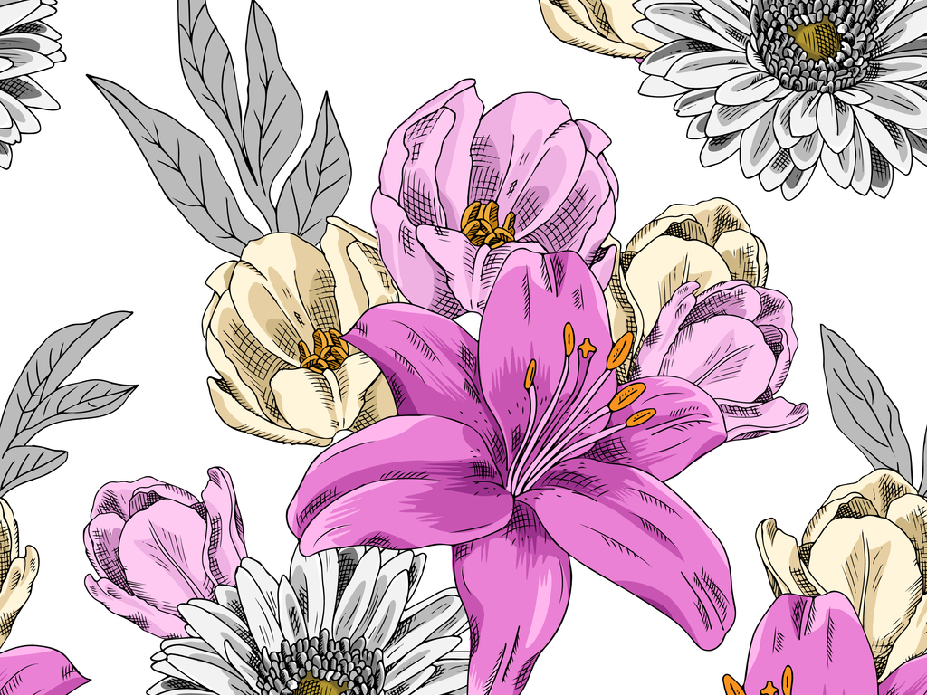 矢量图线描大花无缝图案