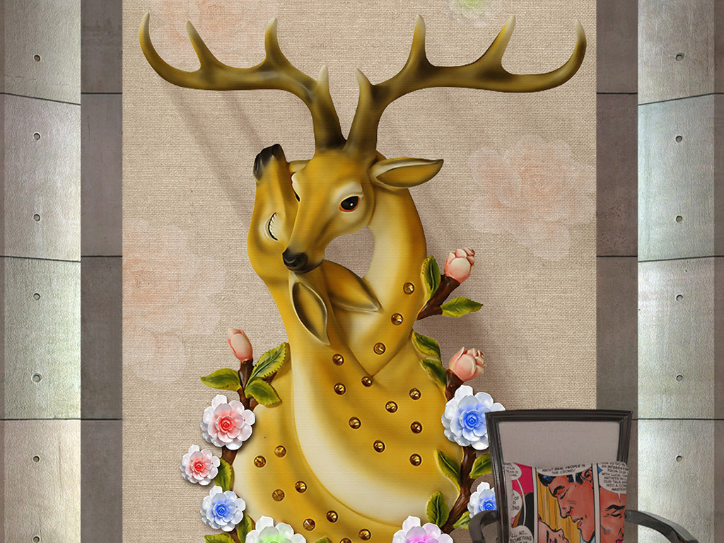 3d立体浮雕情侣鹿玫瑰花玄关装饰画