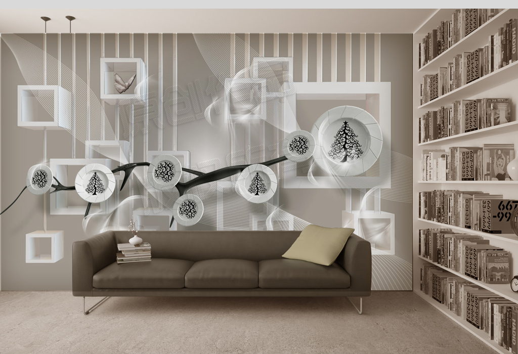 圆盘轻纱蝴蝶琉璃墙3d电视背景墙壁画