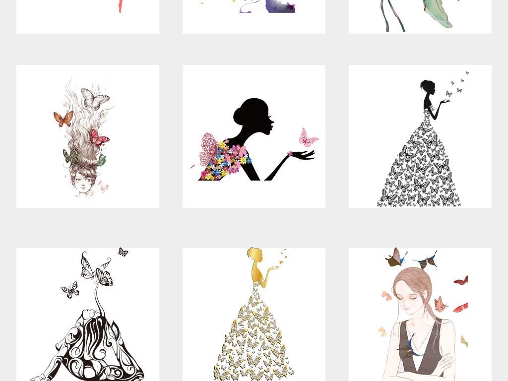 唯美手绘蝴蝶与人女孩蝴蝶飞舞png免扣素材