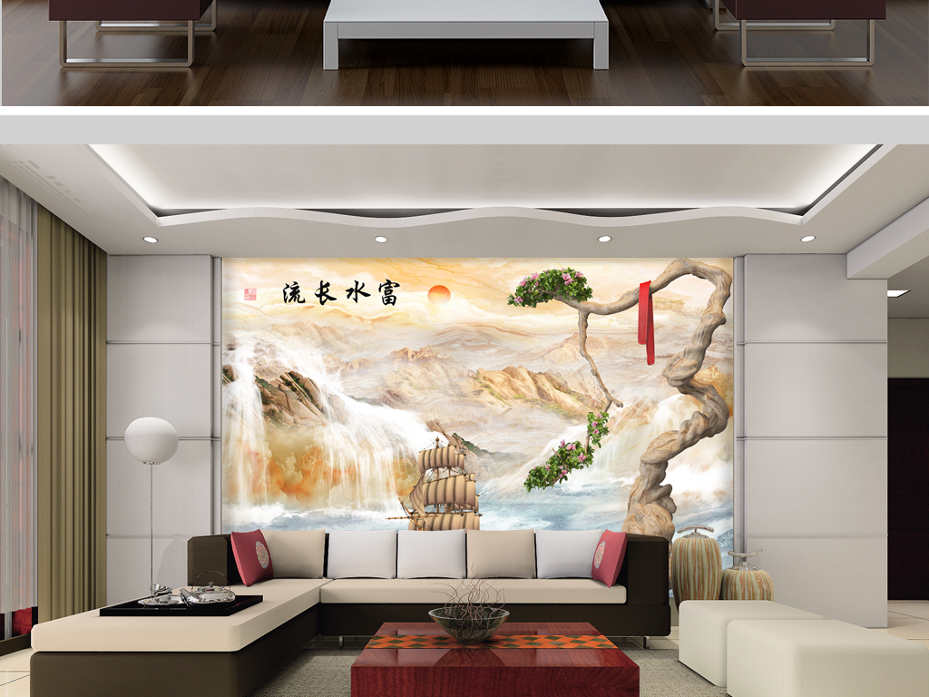 新中式大理石纹理富水长流背景墙壁画