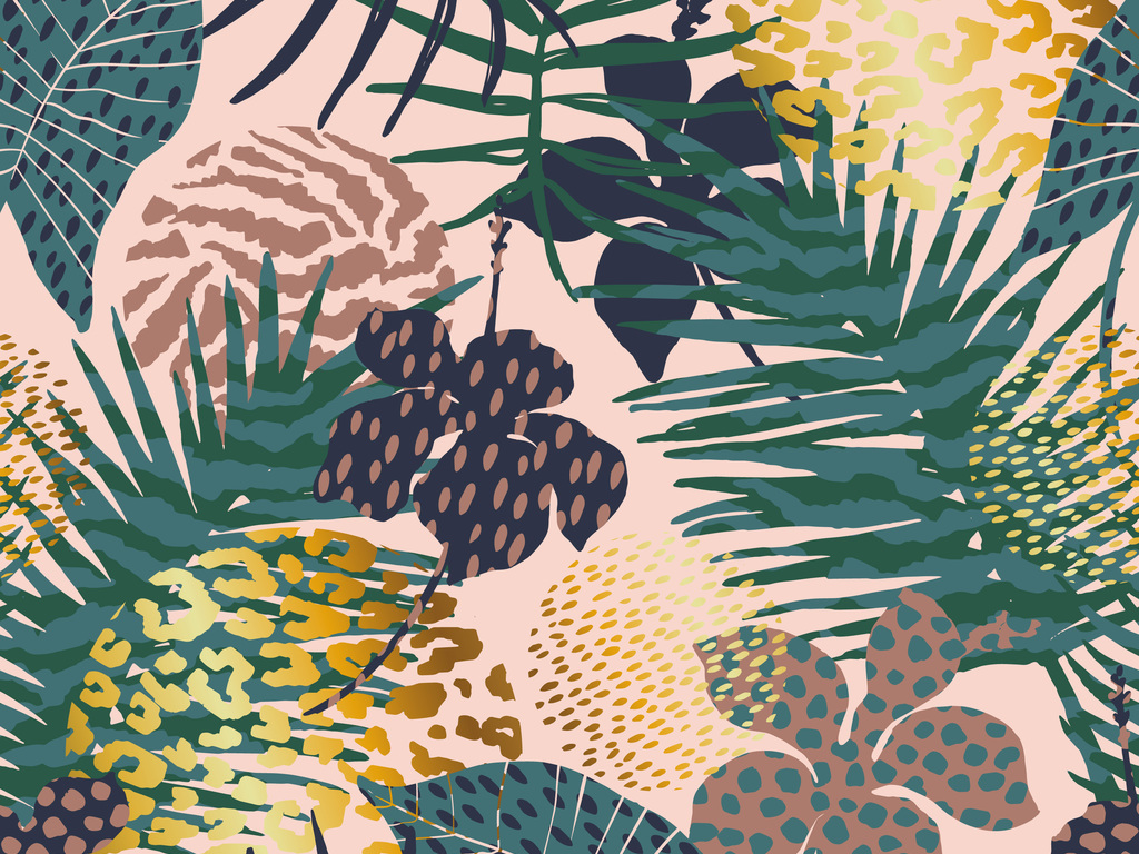 热带植物细长叶子抽象底纹无缝印花