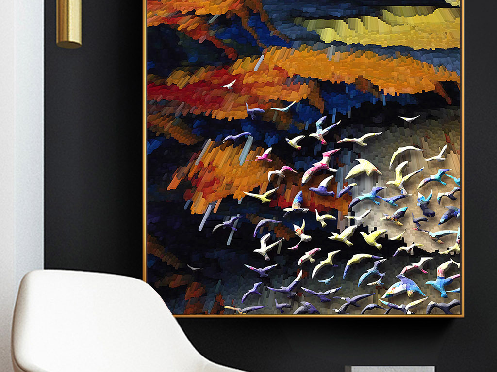 北欧抽象飞鸟山峦颗粒油画客厅玄关装饰画