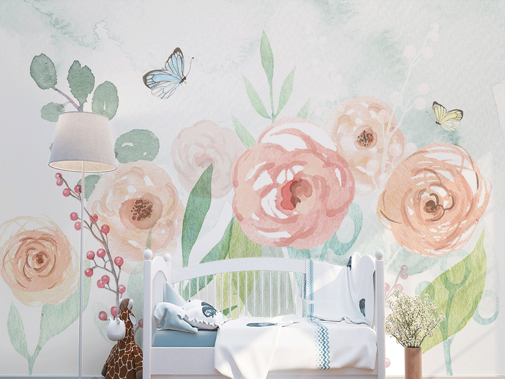 北欧手绘水彩玫瑰沙发电视背景墙