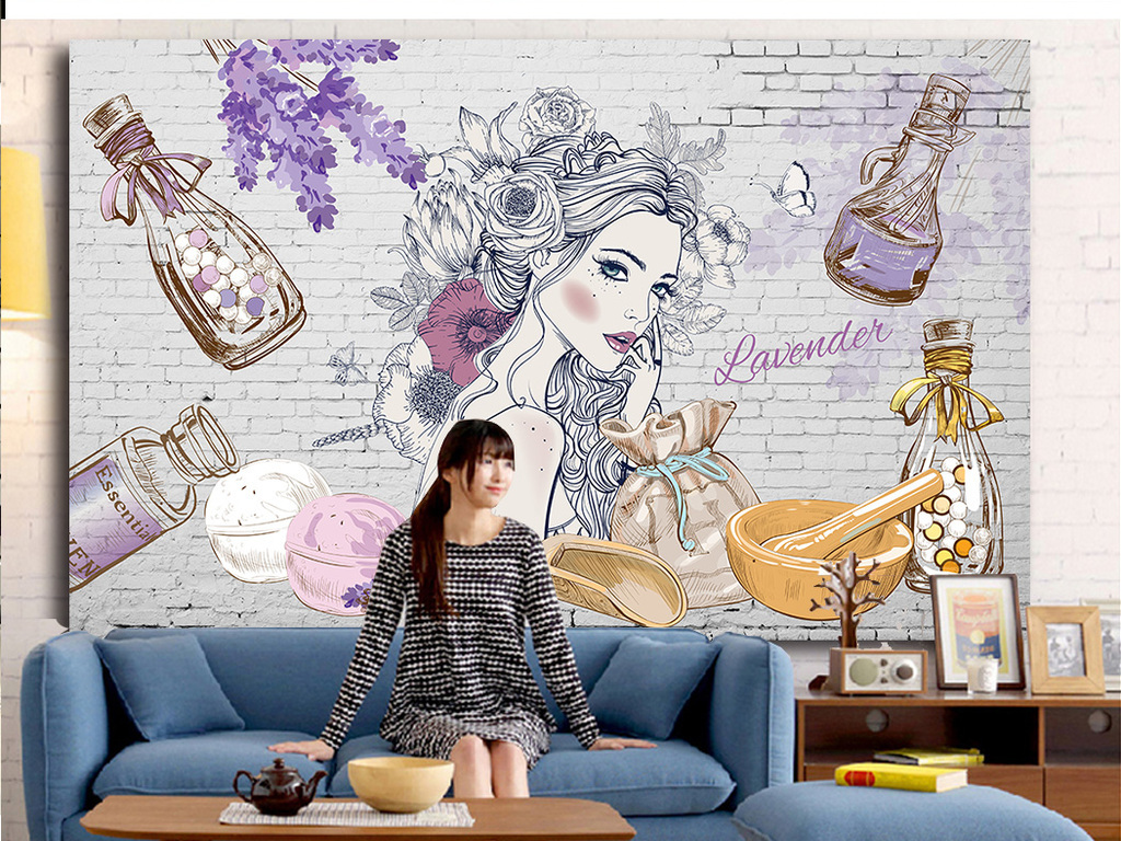 唯美手绘美容化妆店美女工装背景墙