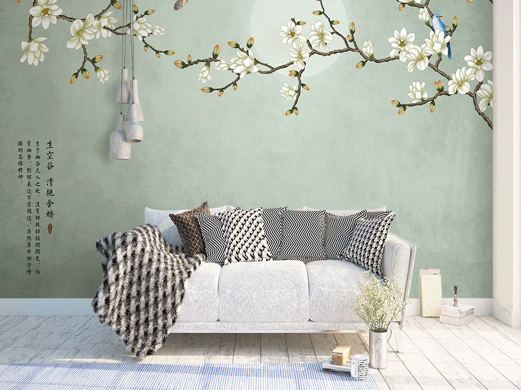 中式手绘古典花鸟图沙发电视背景墙