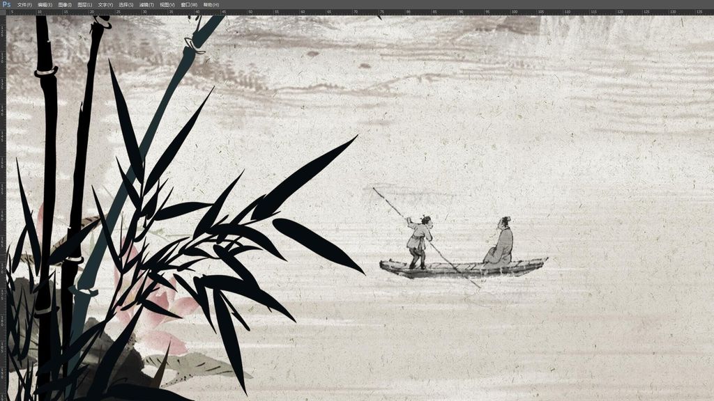 古风新中式竹韵山水情背景墙屏风壁画墙纸