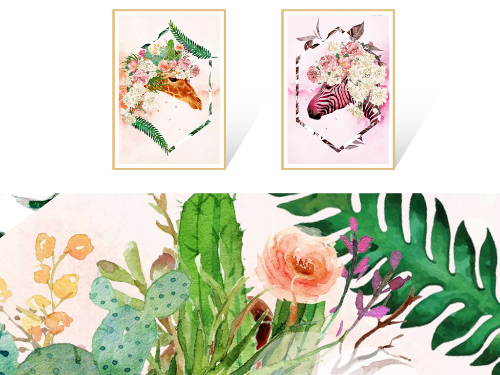 ins餐厅水彩植物手绘北欧装饰画动物头像