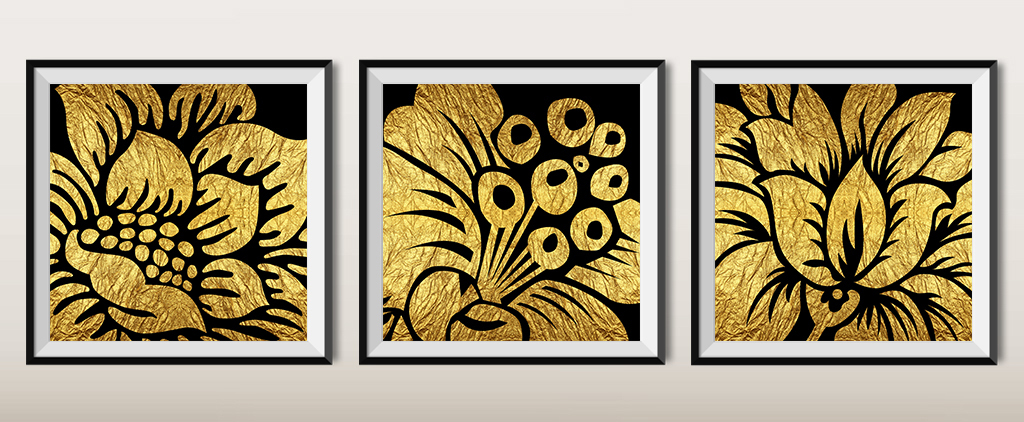 金色花朵艺术三联装饰画