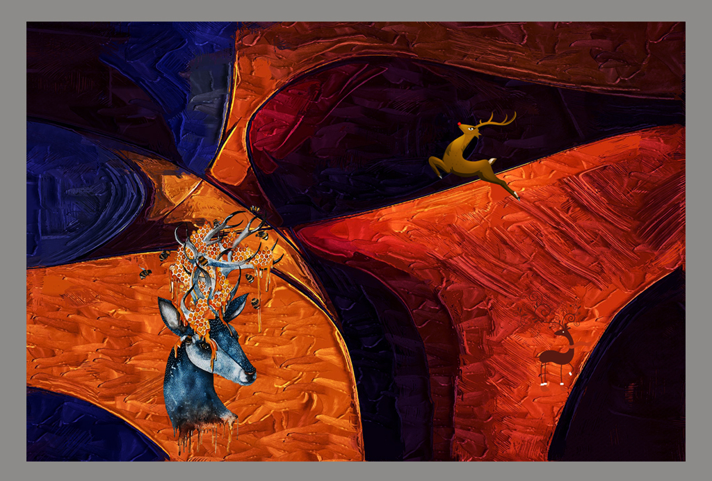 现代麋鹿几何红色创意北欧抽象装饰画图片设计素材_高清psd模板下载