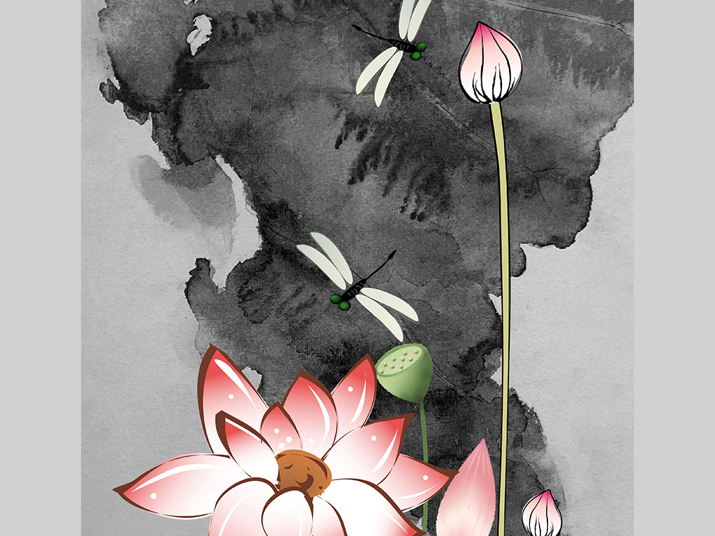 水墨荷花新中式高清意境玄关背景墙装饰画