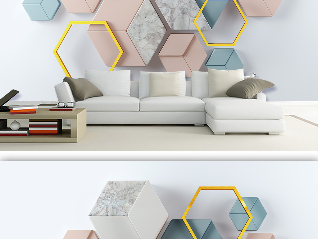 3d立体现代简约几何大理石拼接电视背景墙