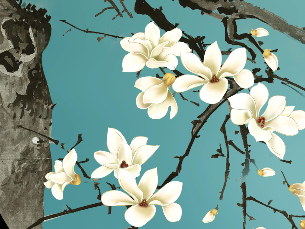 新中式手绘玉兰花鸟背景墙装饰画