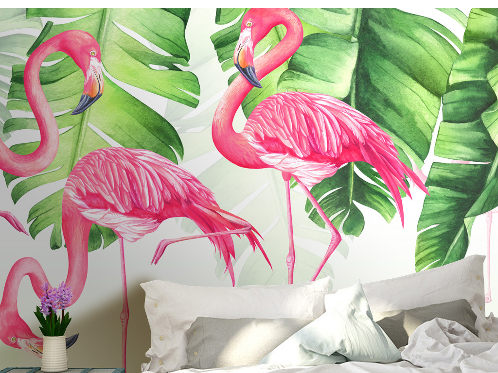 北欧现代清新绿植火烈鸟水彩画背景墙壁画