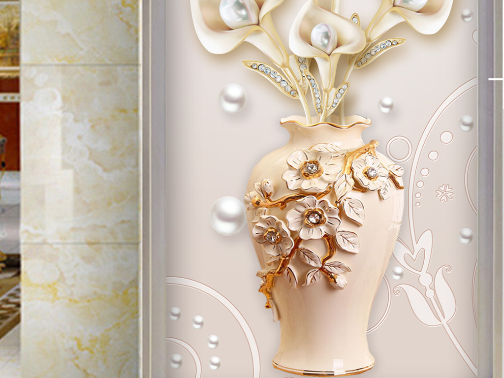 3d浮雕立体简约珠宝马蹄莲花瓶玄关
