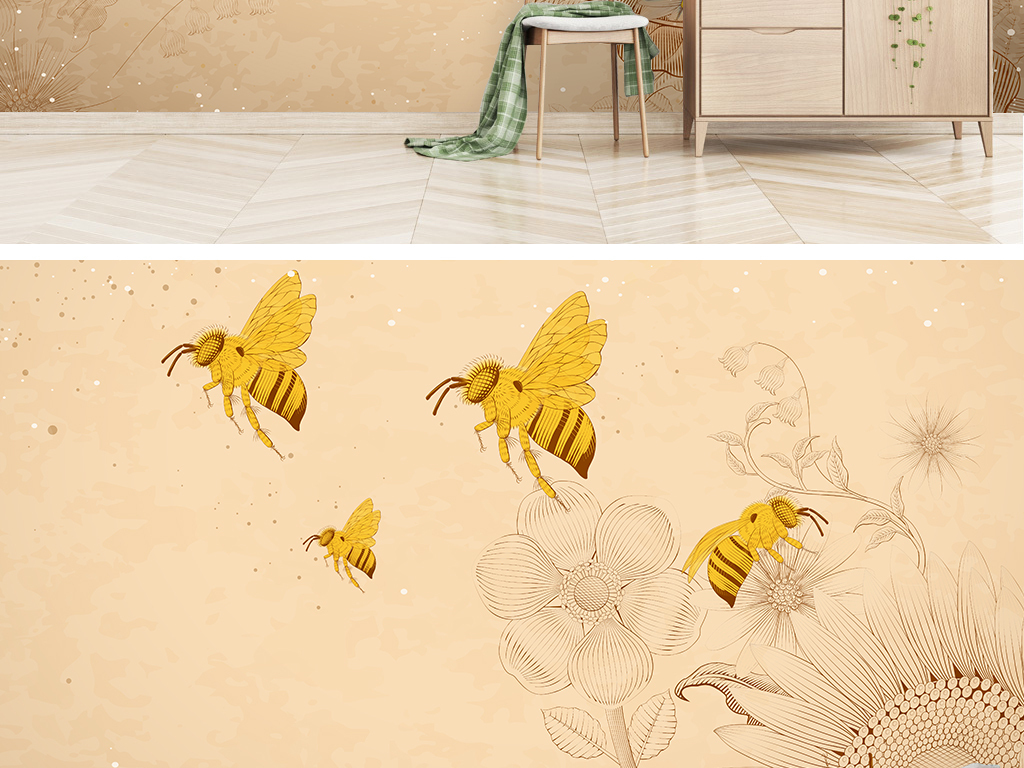 北欧现代简约手绘复古蜜蜂花朵电视背景墙
