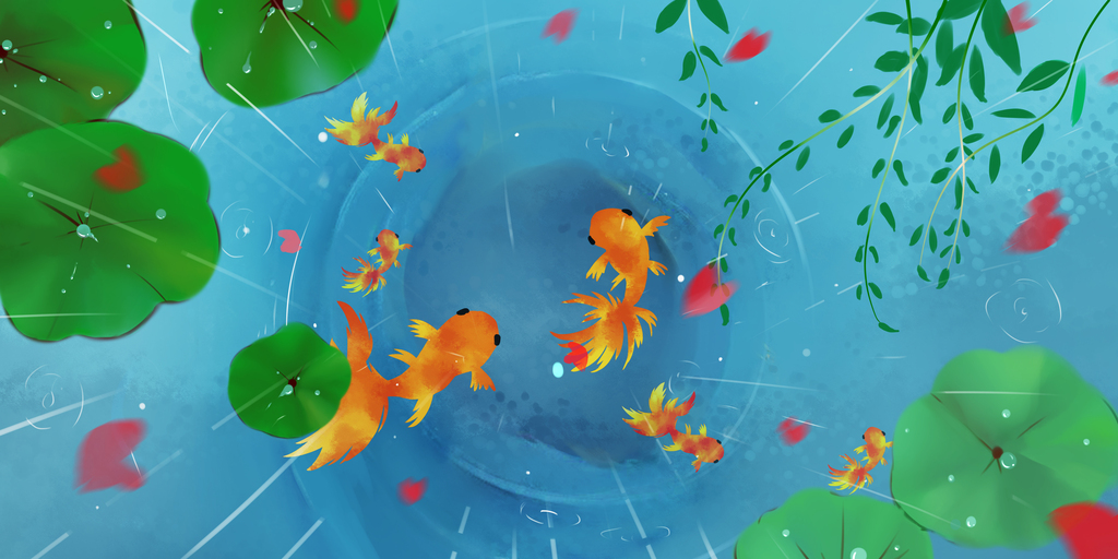 简约可爱卡通雨中金鱼儿童房背景墙壁画