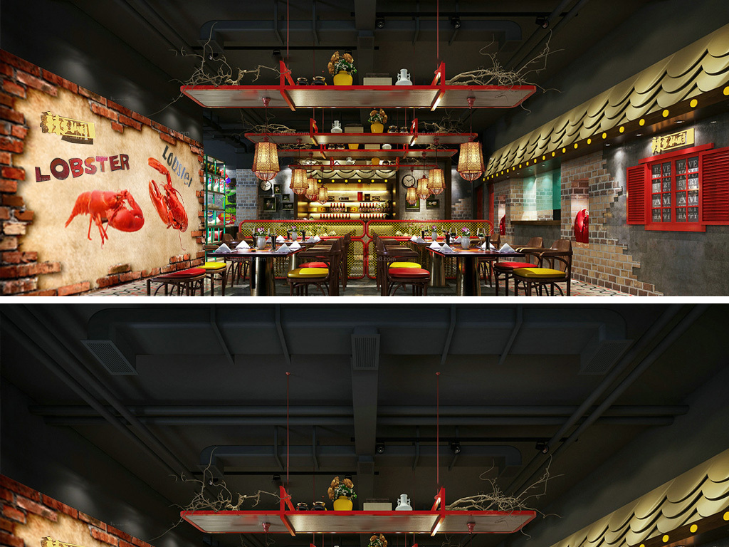 室内模型 酒店餐饮 > 中式特色龙虾店模型小龙虾主题室内装修设计