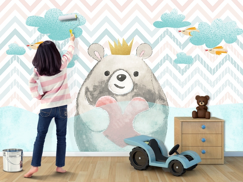 云朵爱心小熊儿童背景墙