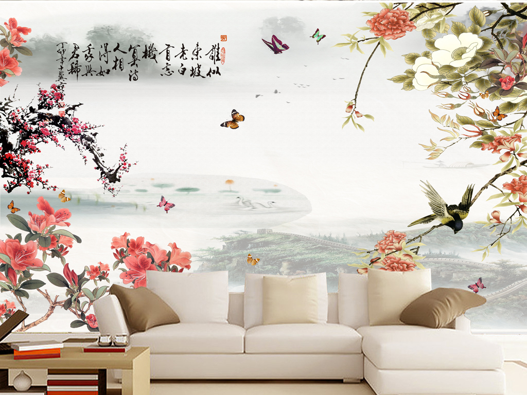 中式花鸟图水墨画复古电视背景墙装饰画壁画
