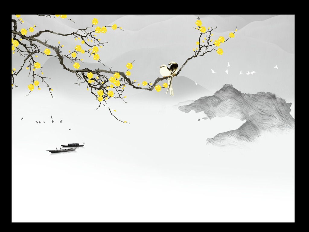 新中式手绘水墨山水梅花花鸟背景墙