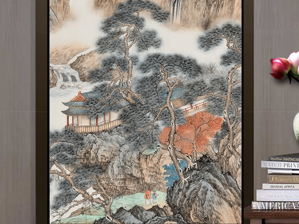 中国风山水风景国画中式玄关装饰画浮雕国画