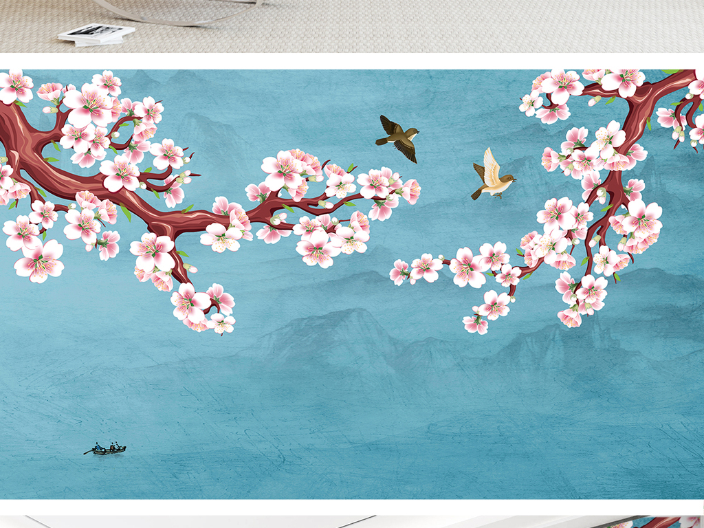 新中式桃花手绘工笔花鸟背景墙装饰画