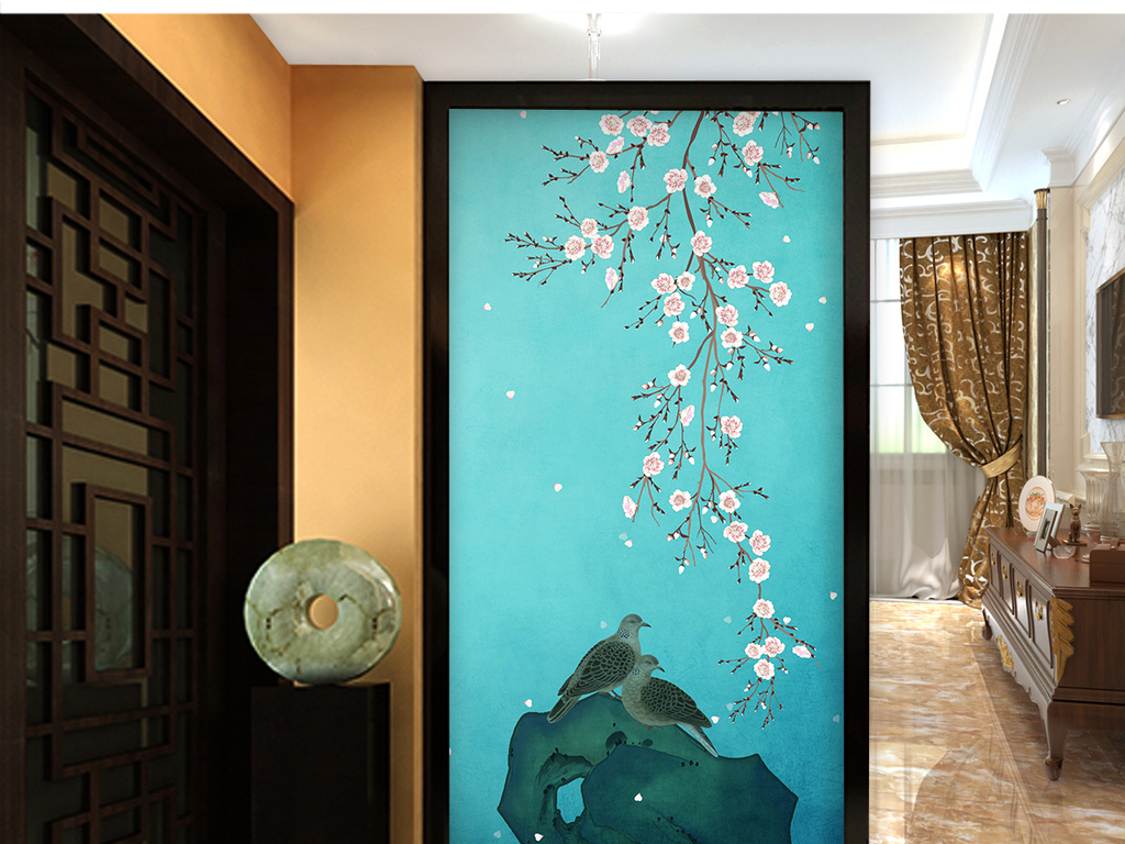 新中式手绘梅花工笔花鸟玄关背景墙装饰画