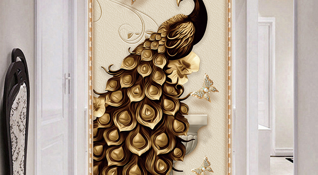 3d立体浮雕金色孔雀背景墙玄关壁画