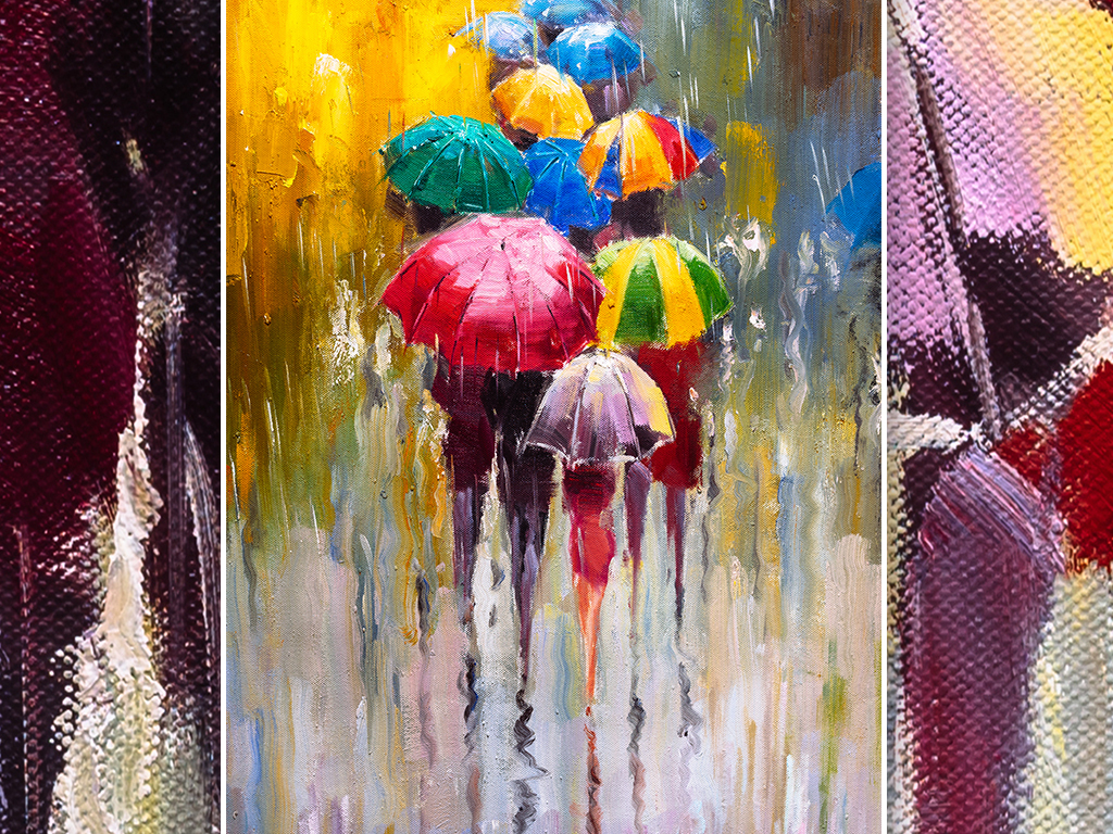 下雨打伞人群油画装饰画