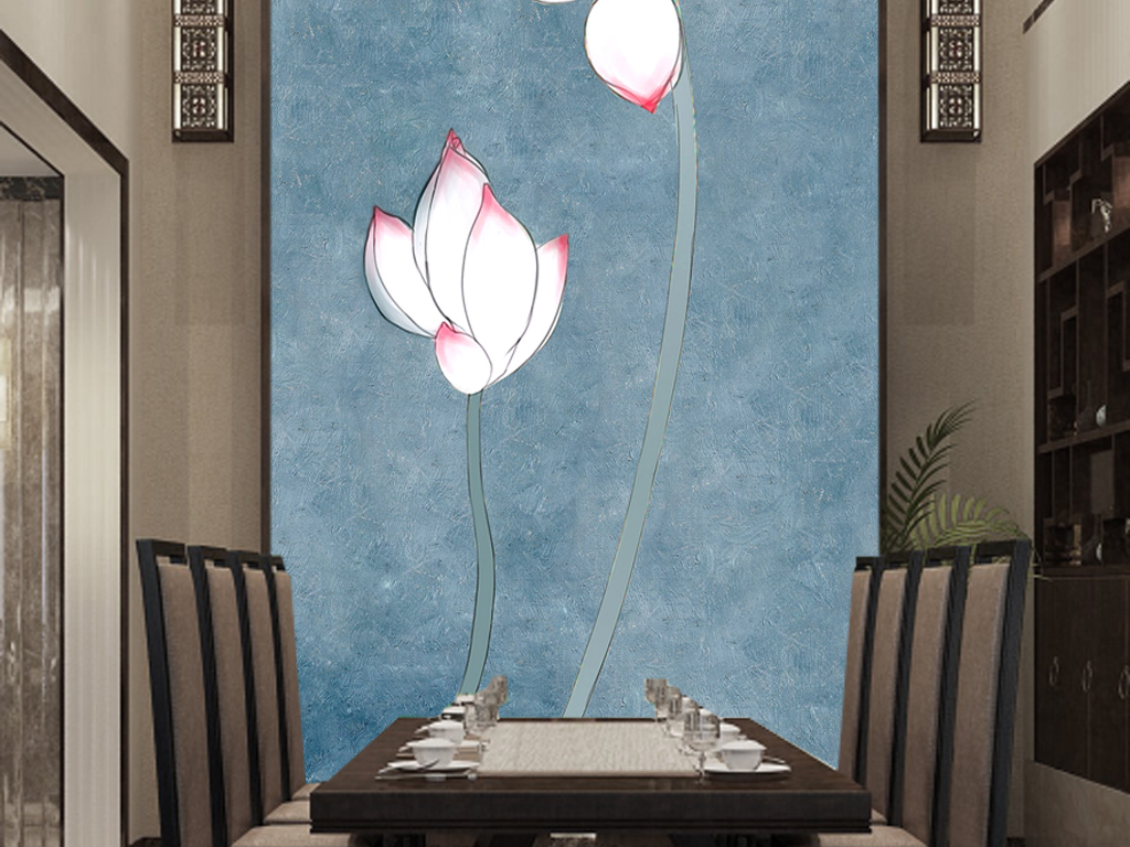 中式手绘荷花玄关背景墙