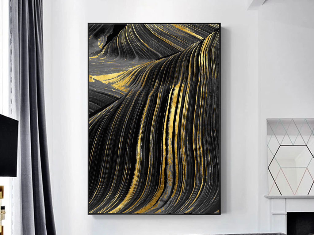 现代简约北欧黑金色抽象线条金色玄关装饰画
