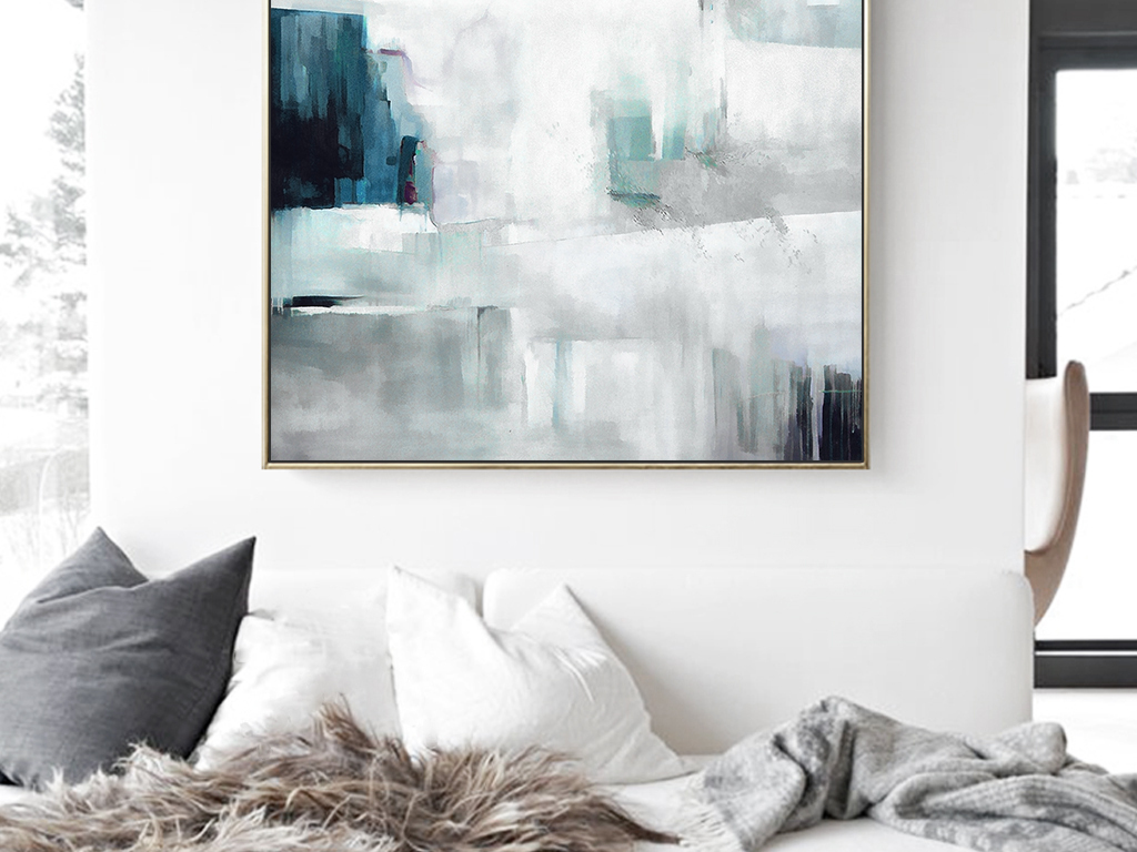 北欧手绘蓝色抽象油画现代客厅抽象无框画