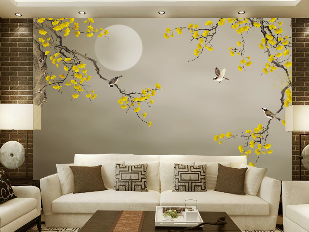 新中式手绘银杏花鸟背景墙装饰画图片设计素材_高清psd模板下载(63.