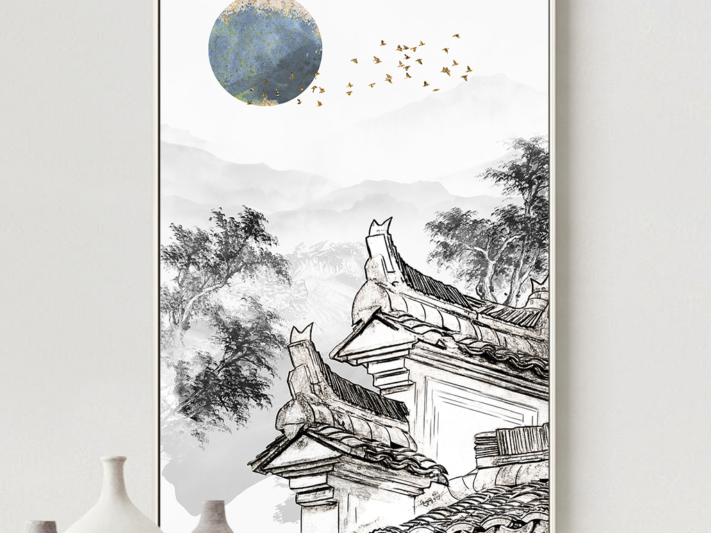 新中式徽派建筑马头墙飞鸟水墨山水装饰画