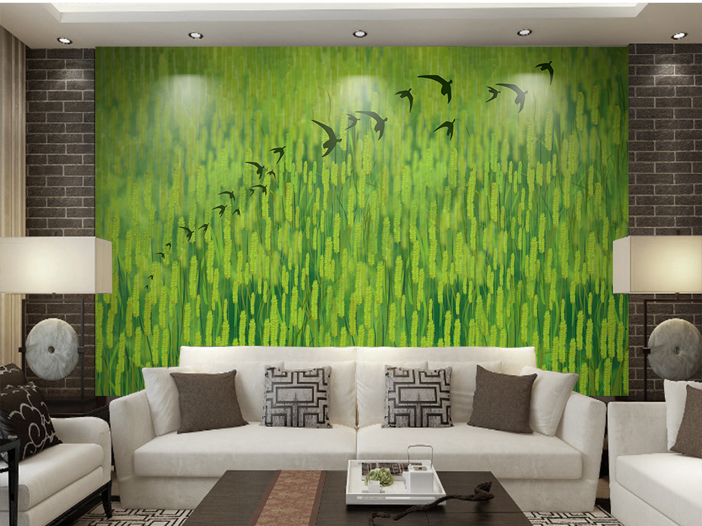清新绿色田园麦田飞鸟北欧现代简约电视背景