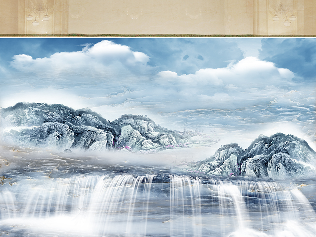 大理石纹抽象山水风景背景墙蓝韵飞瀑