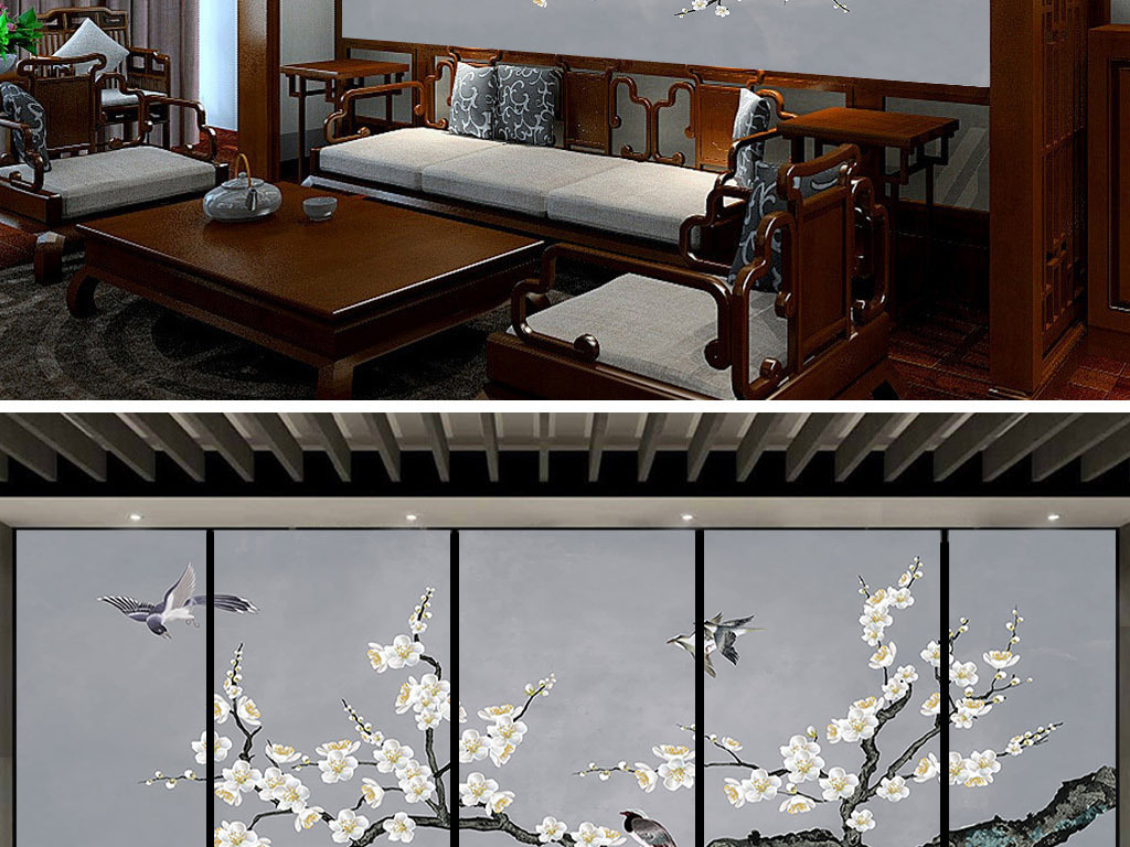 工笔画花鸟背景墙手绘花鸟装饰画客厅装饰画图片设计素材_高清psd模板