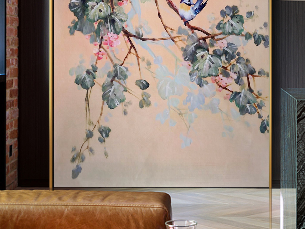 原创新中式抽象水墨花鸟艺术玄关装饰画