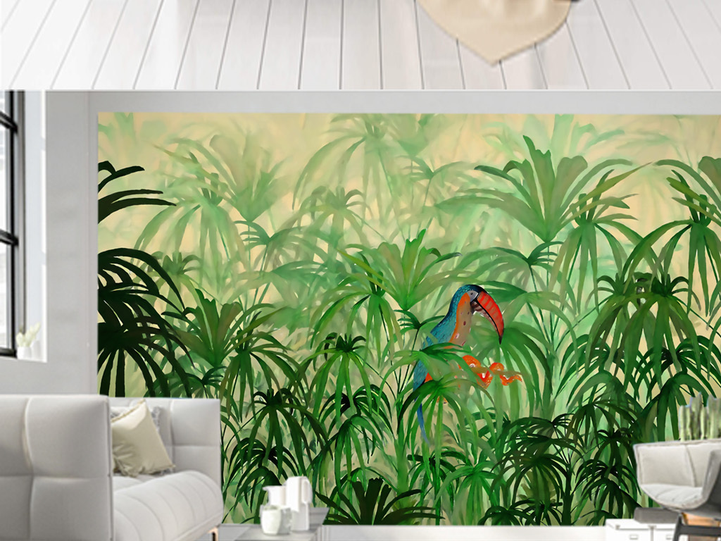 北欧东南亚手绘热带雨林植物花鸟背景墙壁画