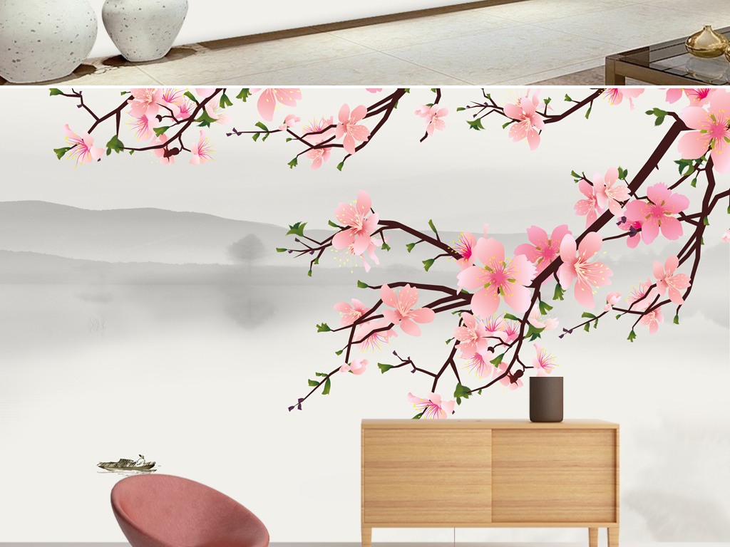 新中式意境桃花山水客厅电视背景墙墙画墙纸