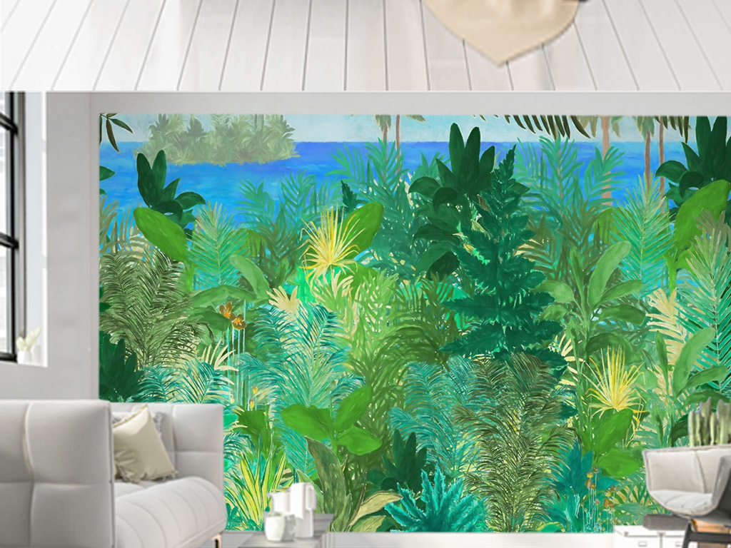 北欧东南亚手绘热带雨林植物花鸟背景墙壁画