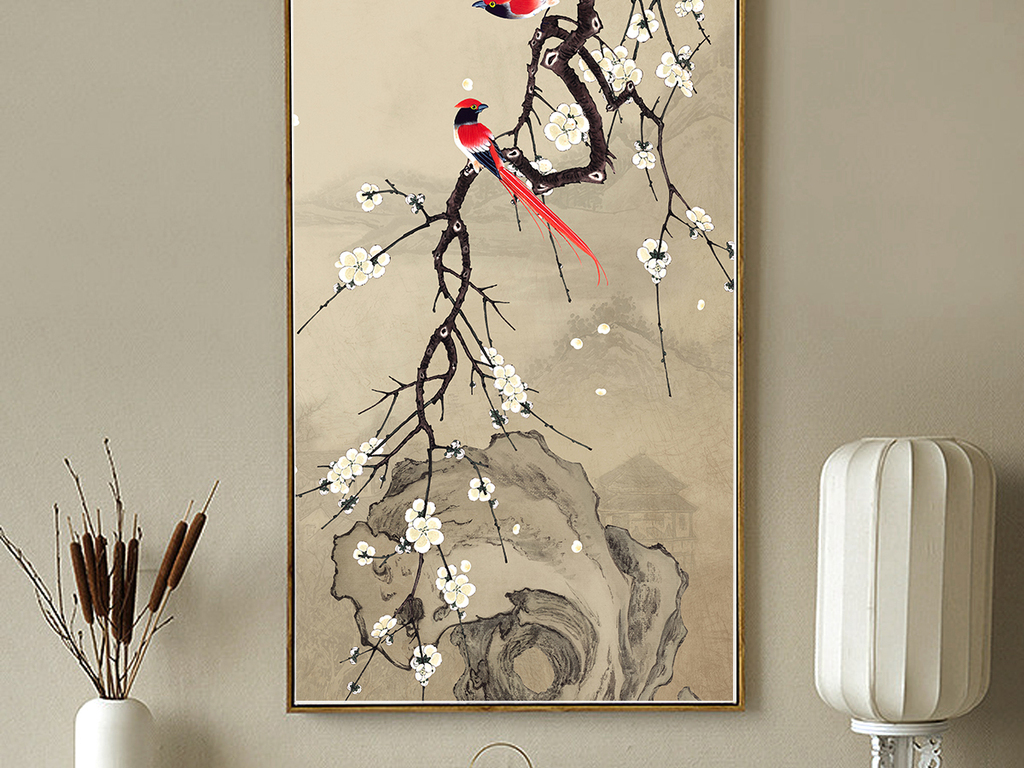 新中式喜鹊梅花手绘工笔花鸟山水玄关装饰画